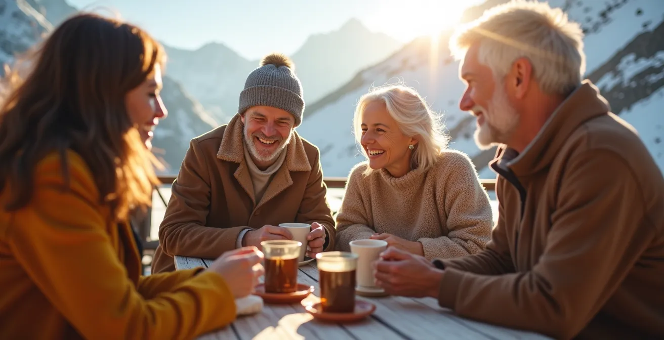 Famille souriante en pause chocolat chaud sur une terrasse ensoleillée