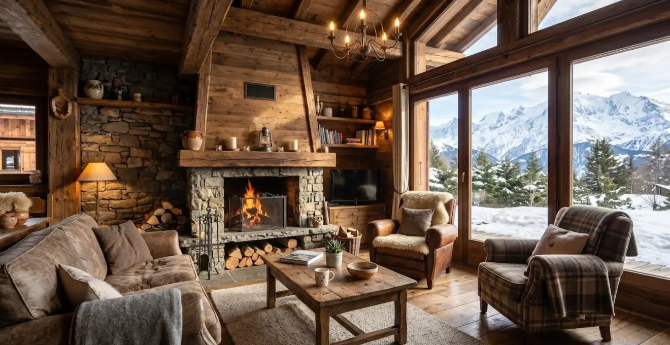 Intérieur lumineux d'un chalet savoyard avec grande baie vitrée donnant sur les sommets enneigés