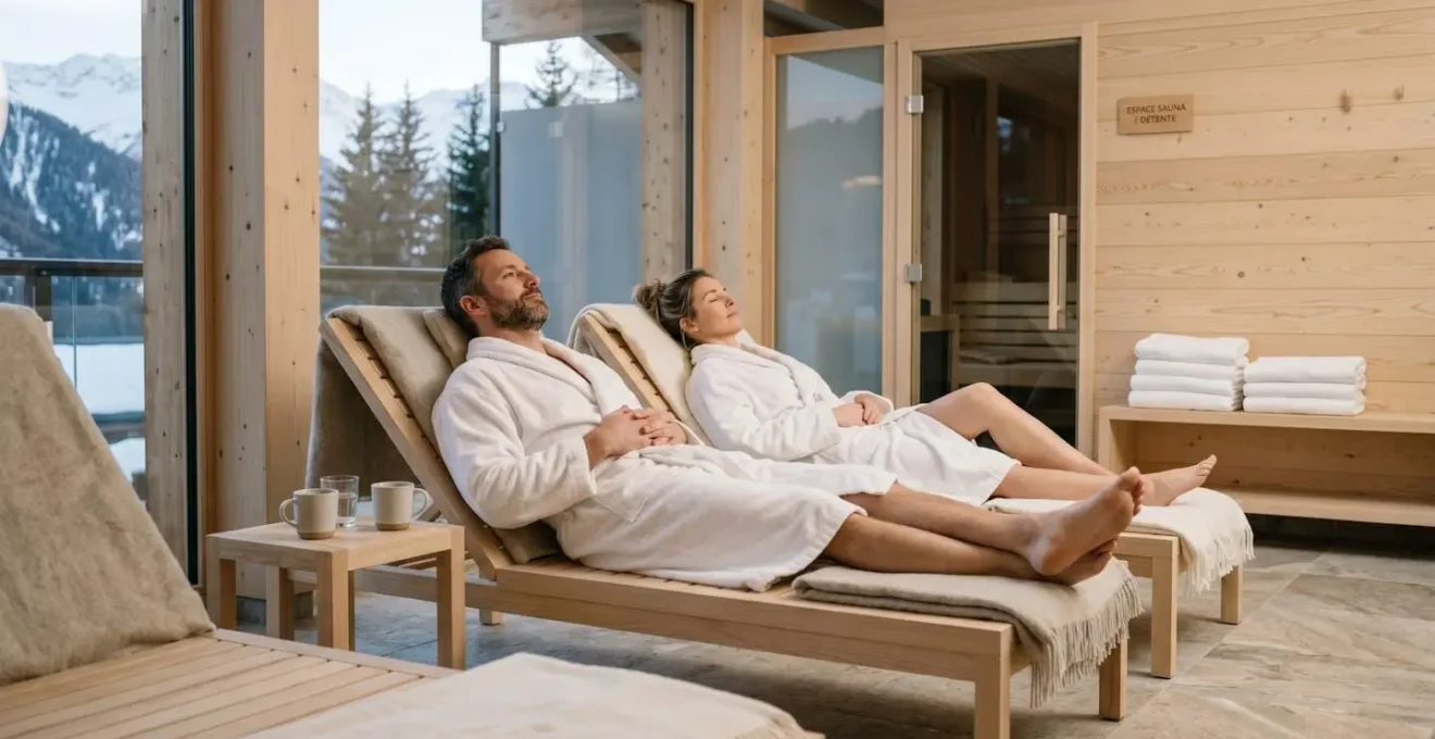 Couple se détendant en peignoir dans l'espace bien-être d'un hôtel de montagne, zone de relaxation avec transats en bois et ambiance zen