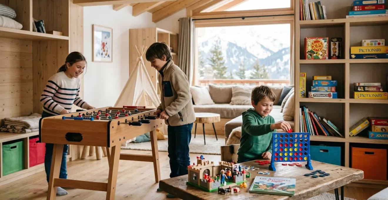 Enfants jouant au babyfoot et à des jeux de société dans la salle de jeux lumineuse d'un hôtel familial de montagne