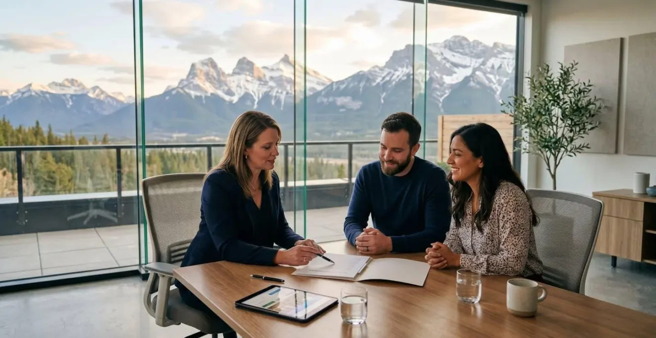 Professionnel de l'immobilier présentant une estimation à un couple dans un bureau avec vue sur les montagnes