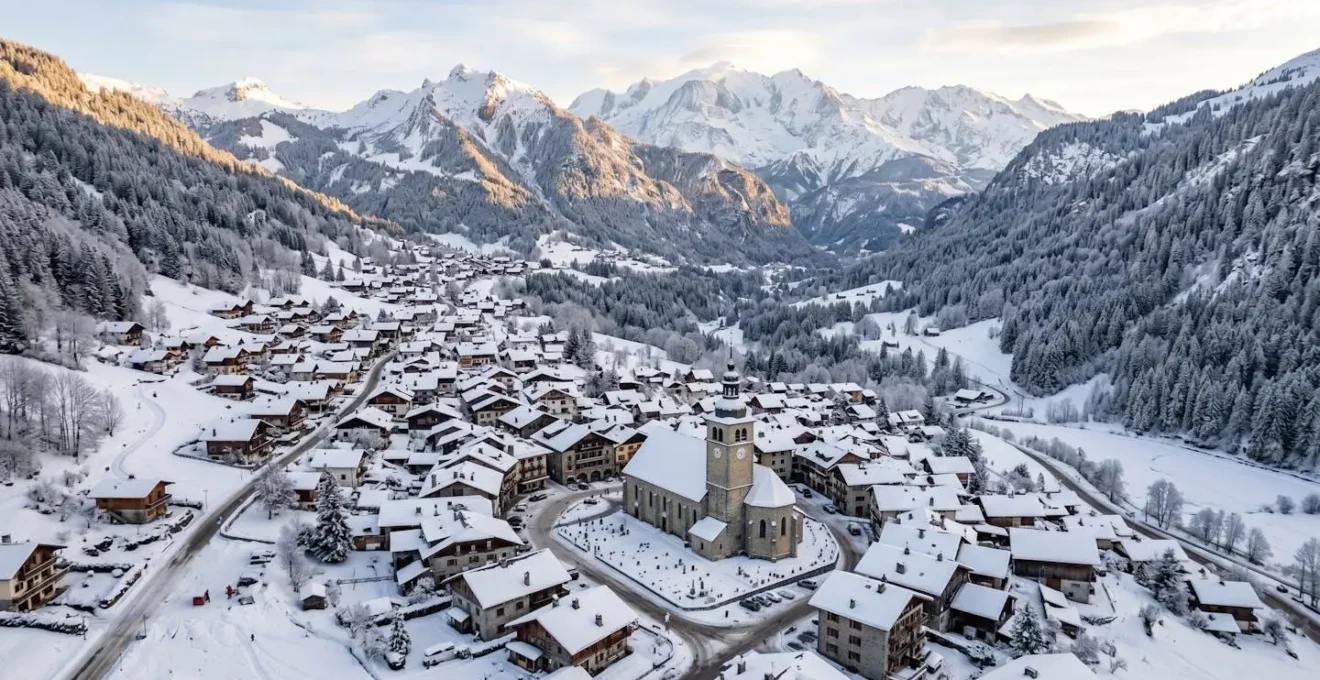 Vue aérienne du village de Samoëns en hiver avec les Alpes en arrière-plan