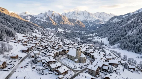 Vue aérienne du village de Samoëns en hiver avec les Alpes en arrière-plan